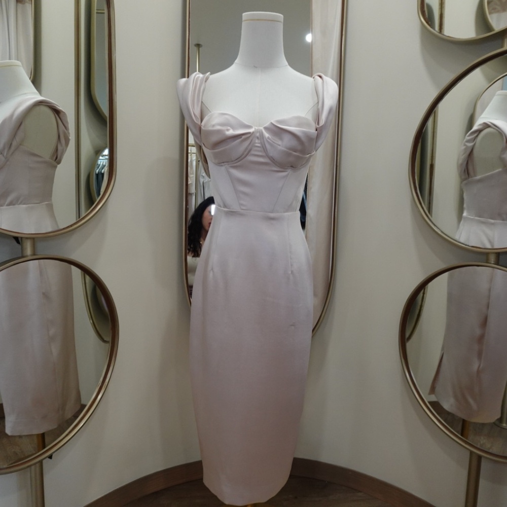 Blush Satin Draped Midi Dress